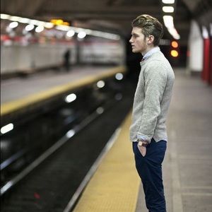 Esprit Gray Knit and Corduroy Crew Neck Sweater